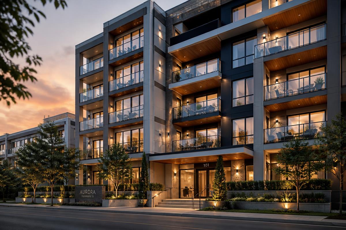 Modern multi-family construction building exterior at dusk