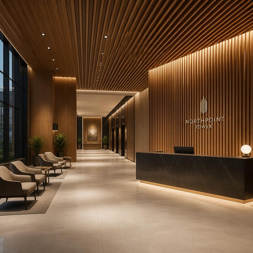 Sophisticated commercial lobby with warm wood slats