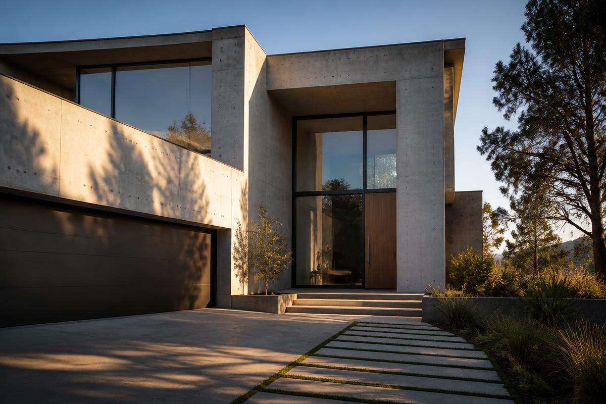 Modern minimalist custom luxury home exterior at sunset