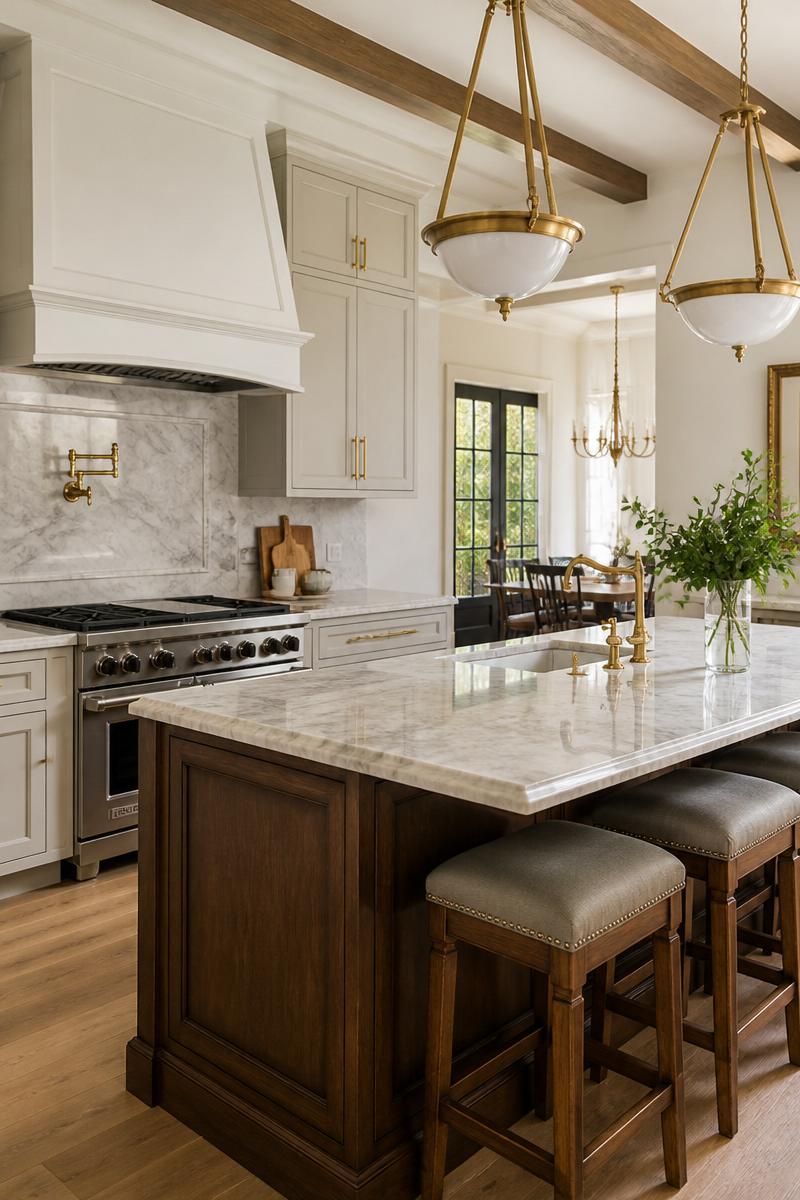 High-end residential kitchen remodeling with marble and brass finishes